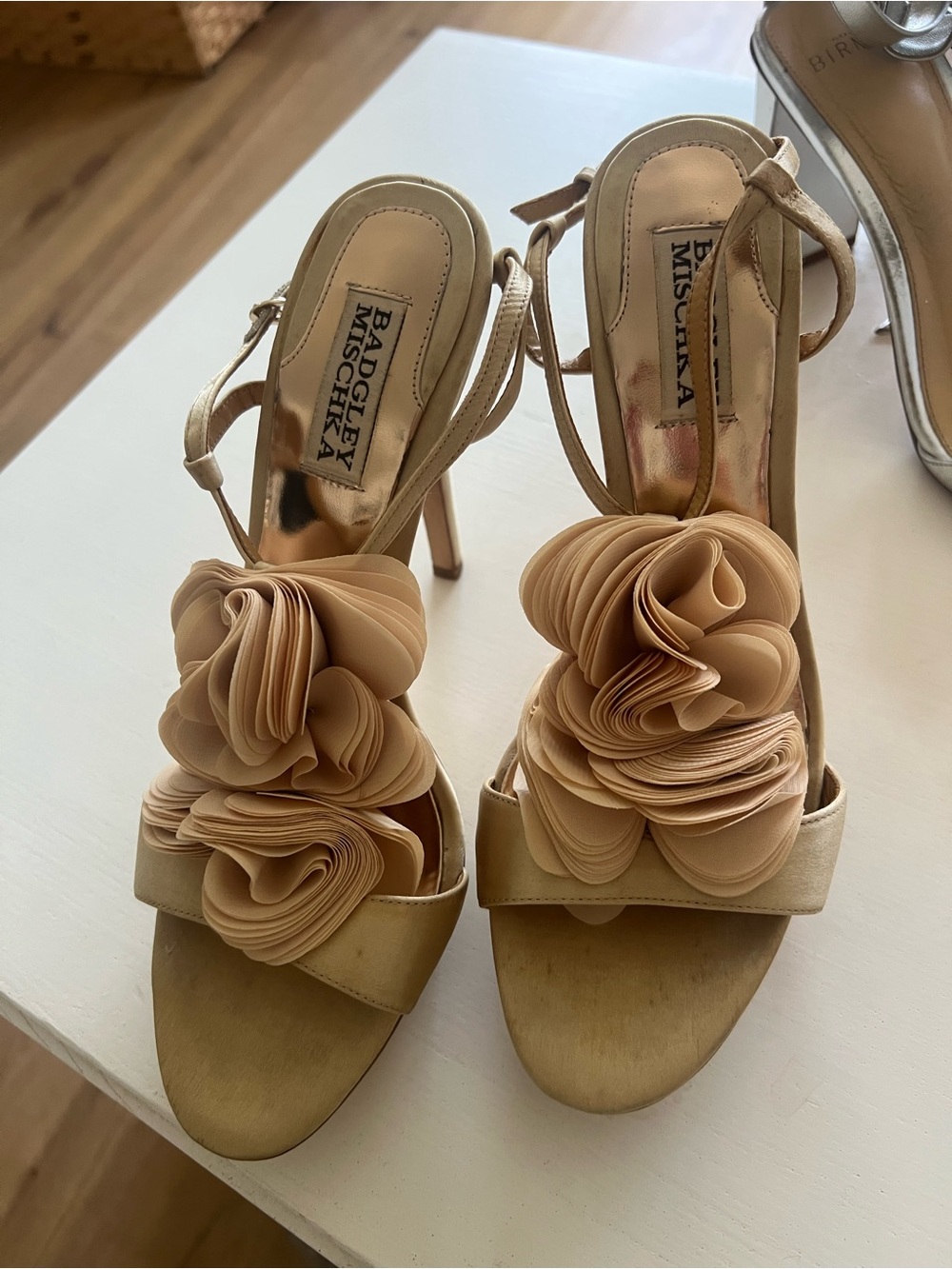 Badgley Mischka Randee Champagne Floral-Embellished Open-Toe Heels - Picture 6 of 8
